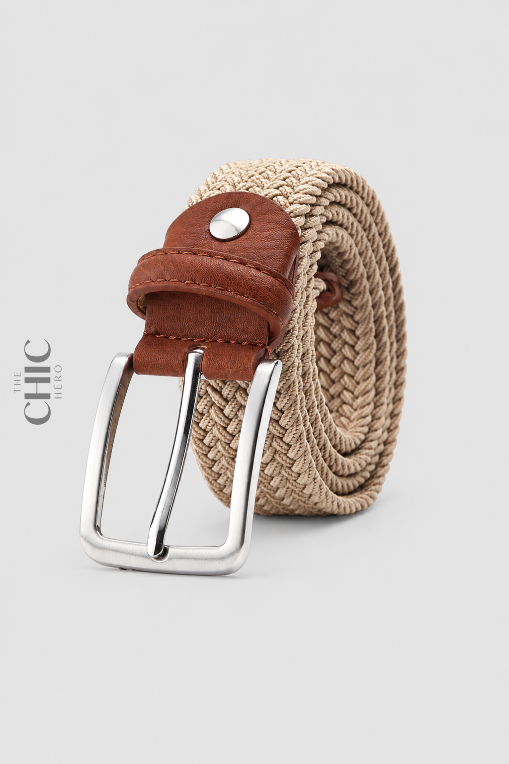 Beige unisex casual braided belt with silver-tone buckle and coarse-grain trim