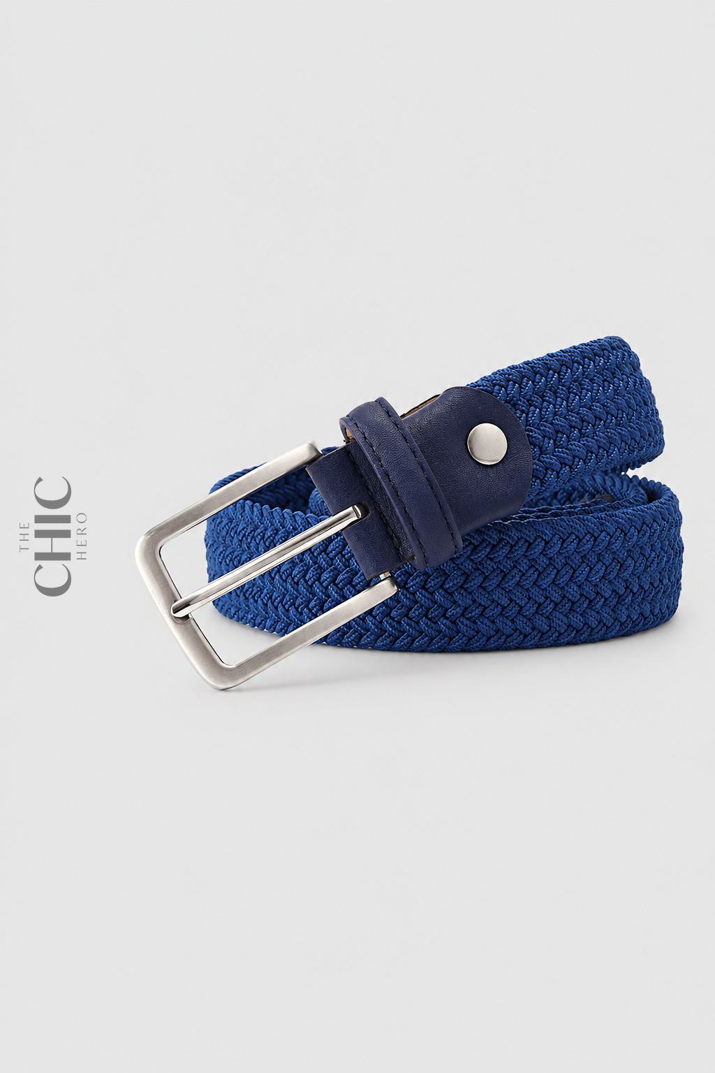 Blue unisex casual braided belt with silver-tone buckle and coarse-grain trim
