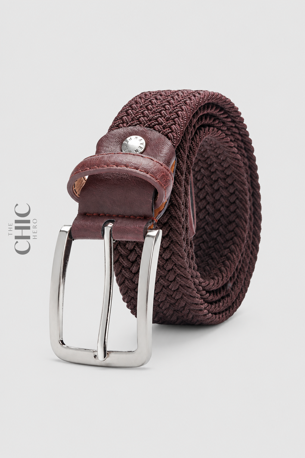 Deep brown unisex casual braided belt with silver-tone buckle and coarse-grain trim