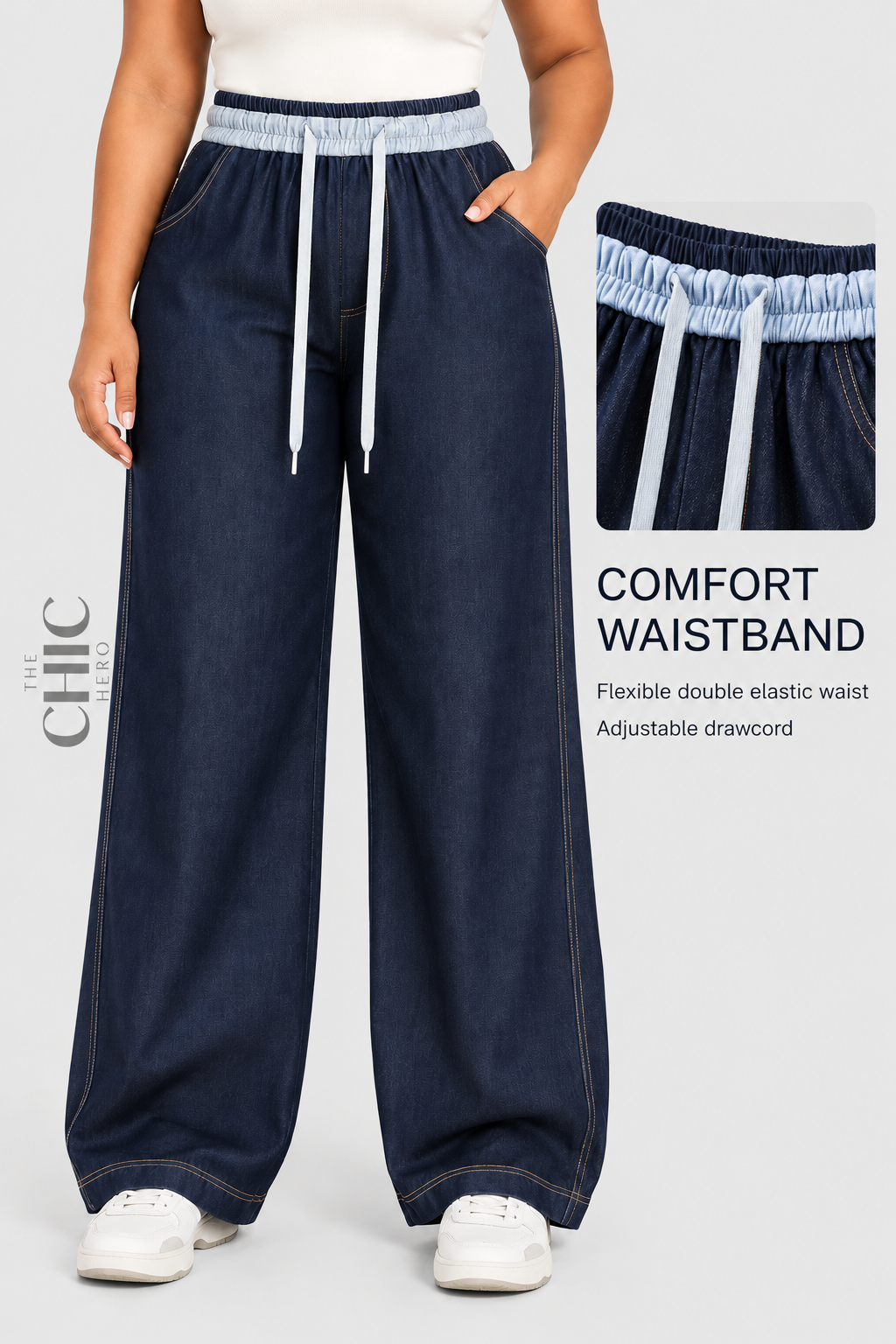 Double elastic comfort waistband with adjustable drawcord