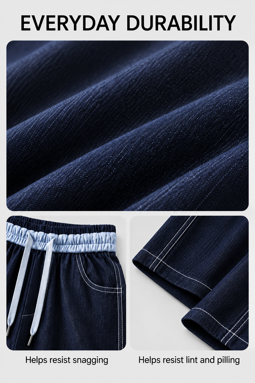 Soft denim-look fabric designed to help resist snagging, lint and pilling