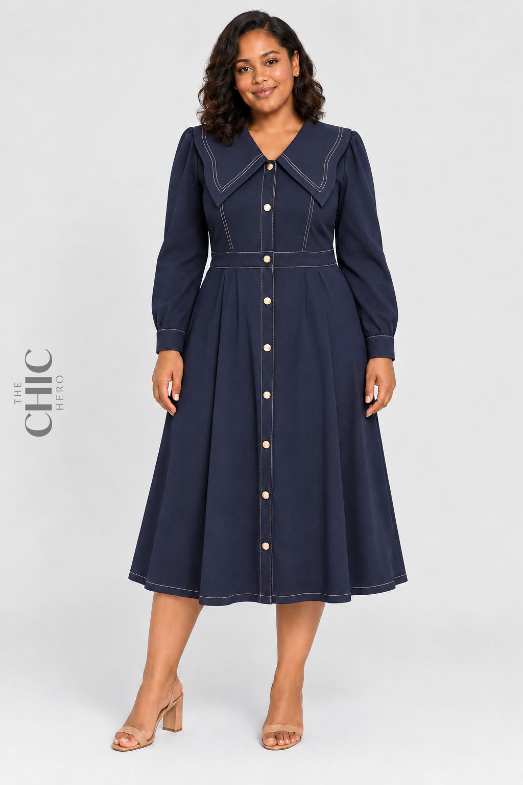 The Chic Hero navy sailor collar midi dress front view on a plus size model
