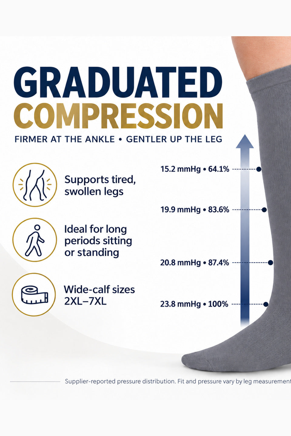 Grey Wide-Calf Graduated Compression Socks 15–24 mmHg – 2XL–7XL – graduated compression