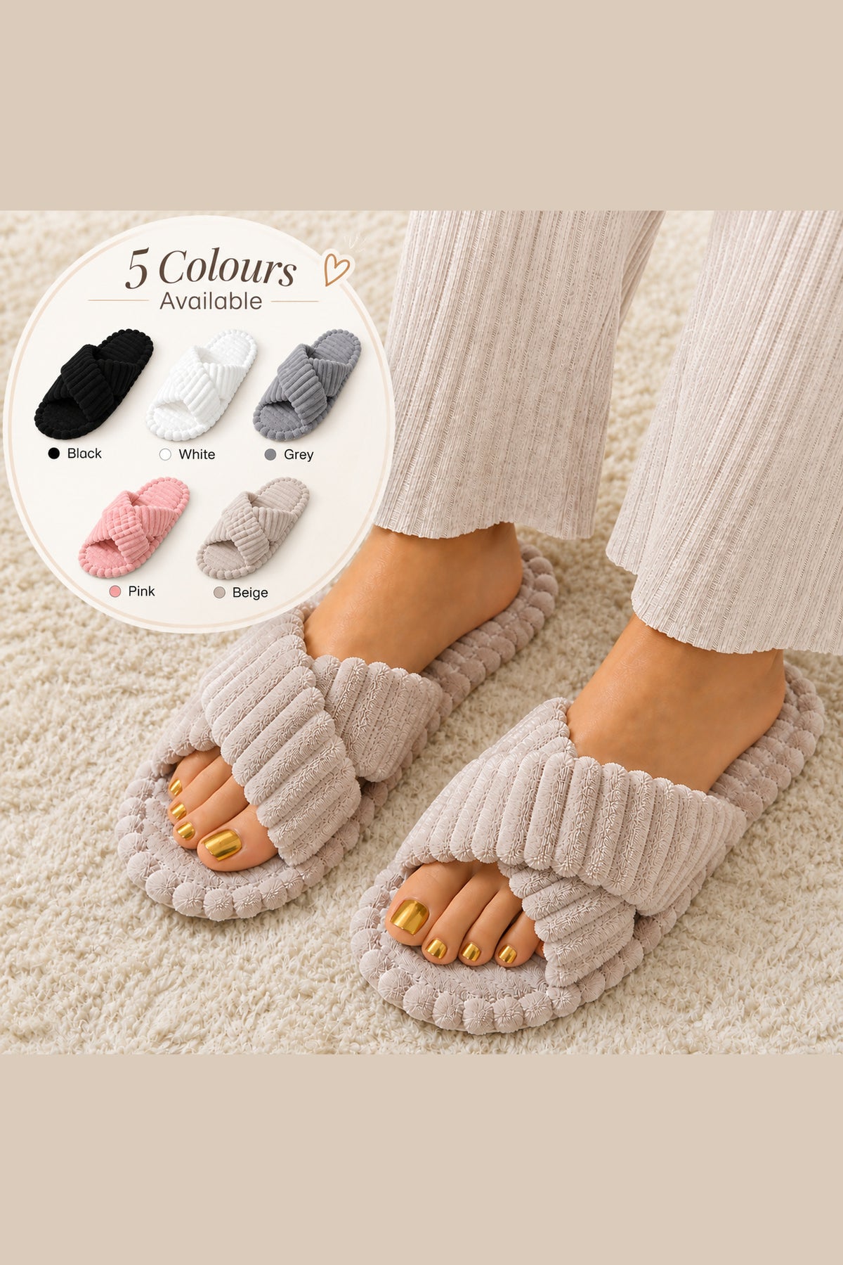 Women's plush cross-band house slippers in beige