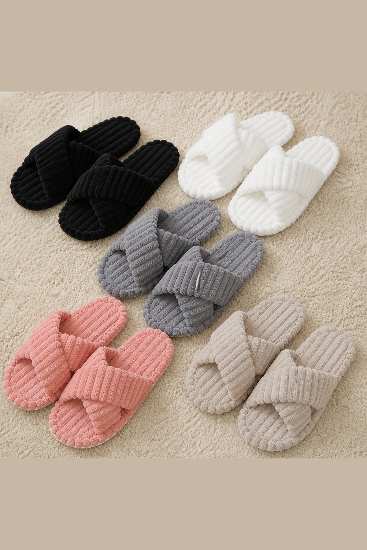 Women's plush cross-band house slippers in beige