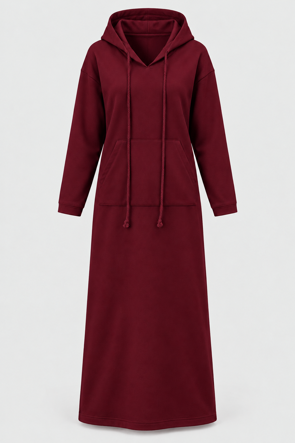 Burgundy plus size hooded maxi sweatshirt dress front product view with drawcords and kangaroo pocket