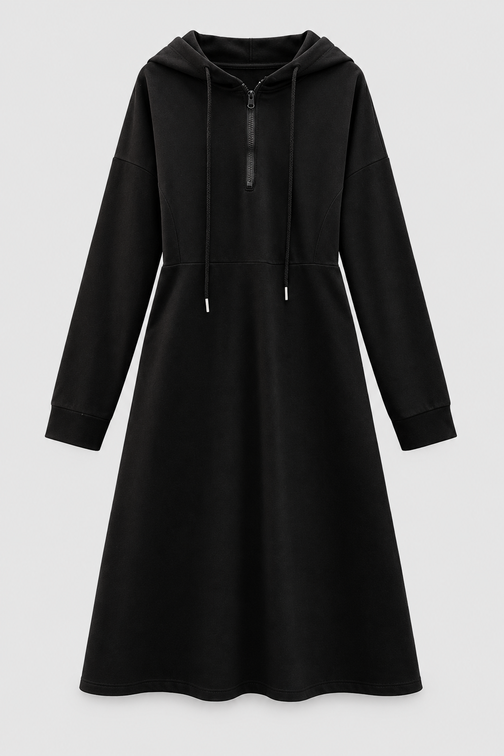 Black half-zip hooded sweatshirt dress front product view