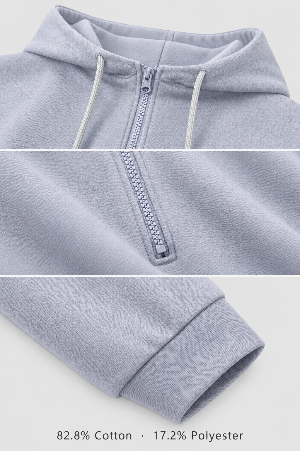Close-up details of the Grey Blue hood, half zip, sweatshirt fabric and cuff