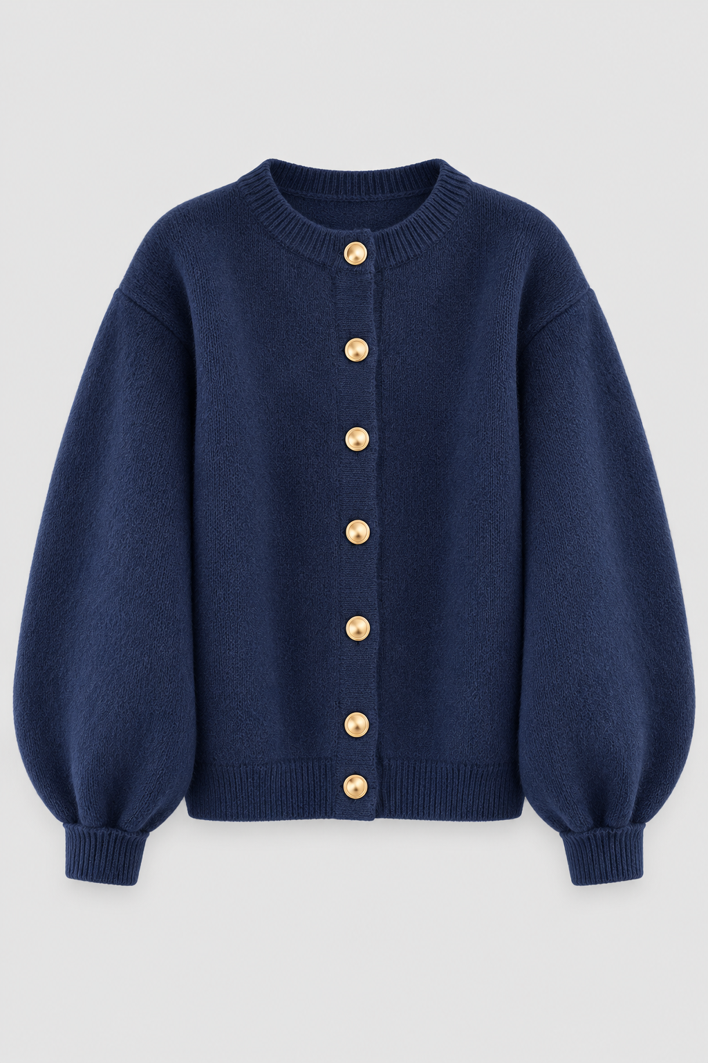 Navy gold-button balloon-sleeve knit cardigan front view
