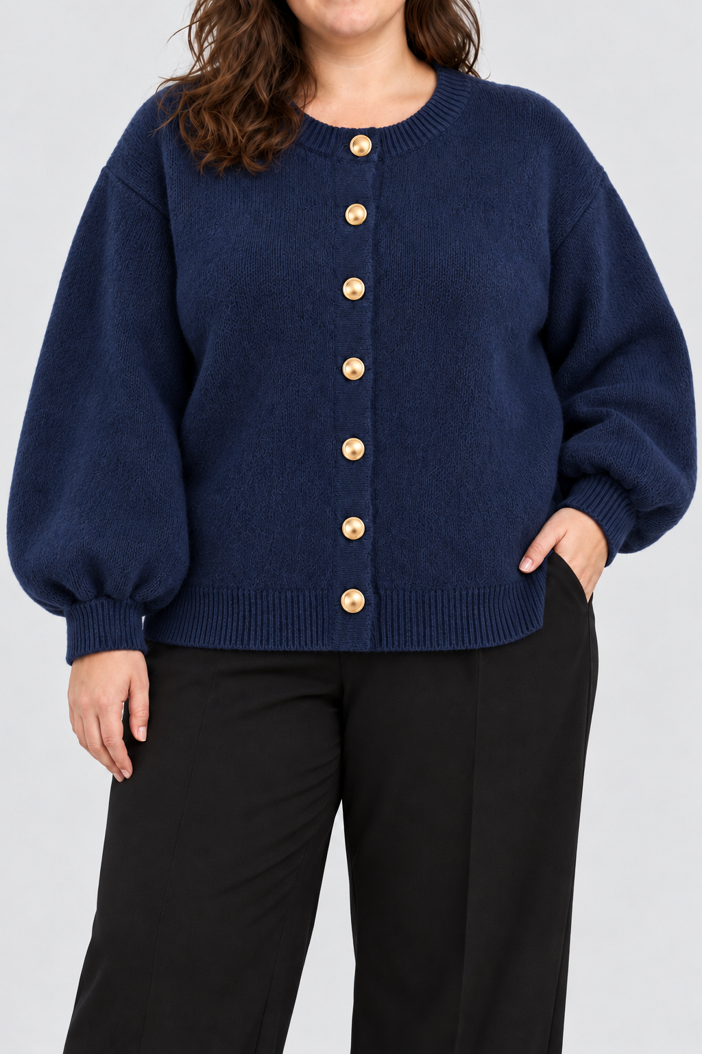 Navy gold-button balloon-sleeve cardigan on a faceless UK22 model
