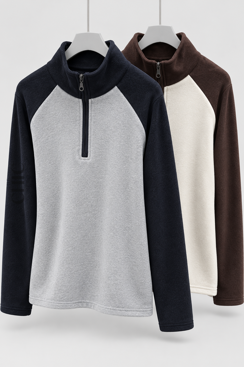 Navy and Coffee colour-block fleece half-zip tops front product view