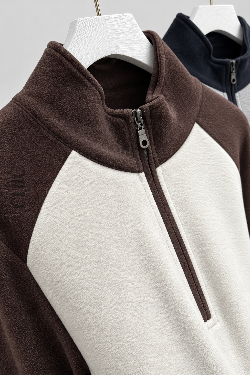 Coffee colour-block fleece stand collar and half-zip detail