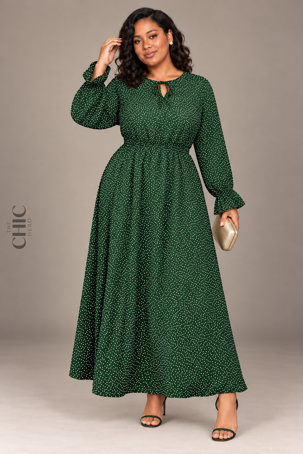 MODEL-03 wearing the Forest Green long-sleeve polka-dot maxi dress with a gold clutch