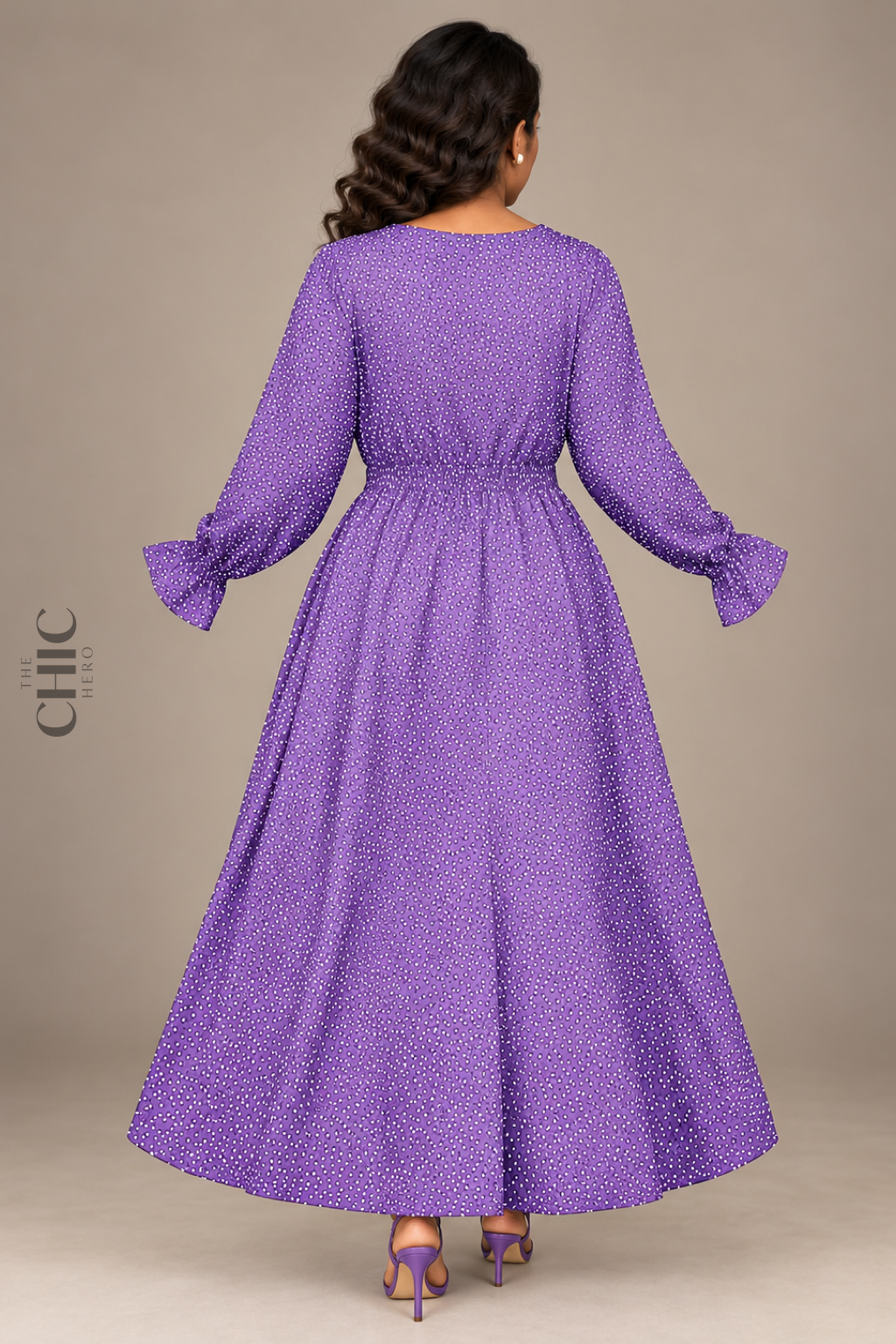 Purple long-sleeve polka-dot maxi dress back view