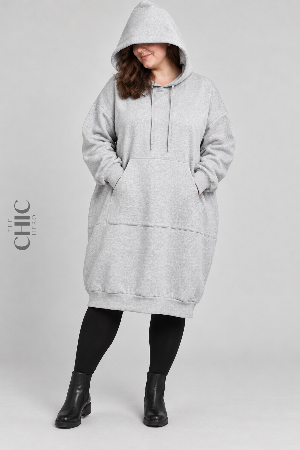 Grey fleece-lined longline hoodie shown with hood up