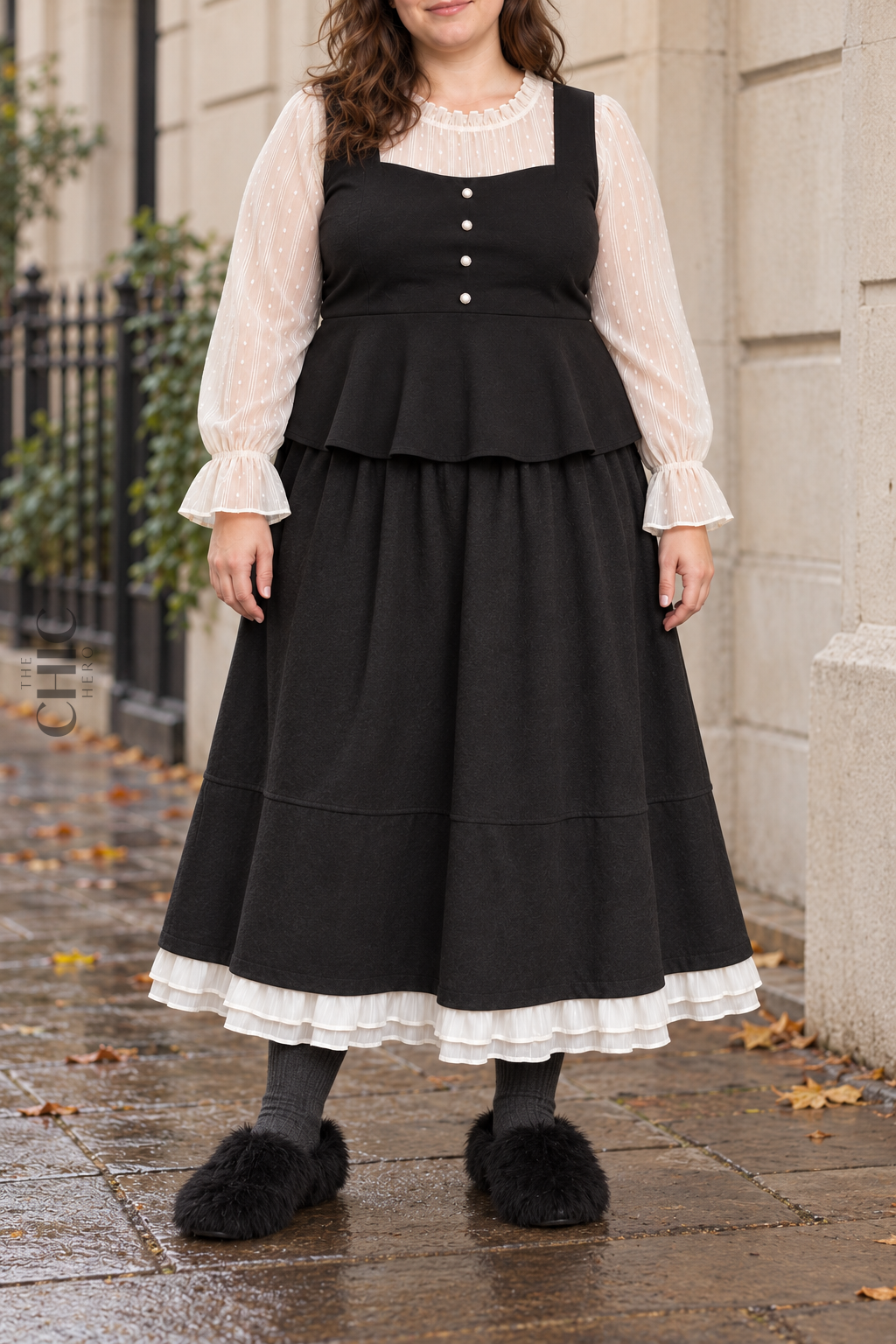 Black plus size winter maxi skirt with an elasticated waist and layered white ruffle hem