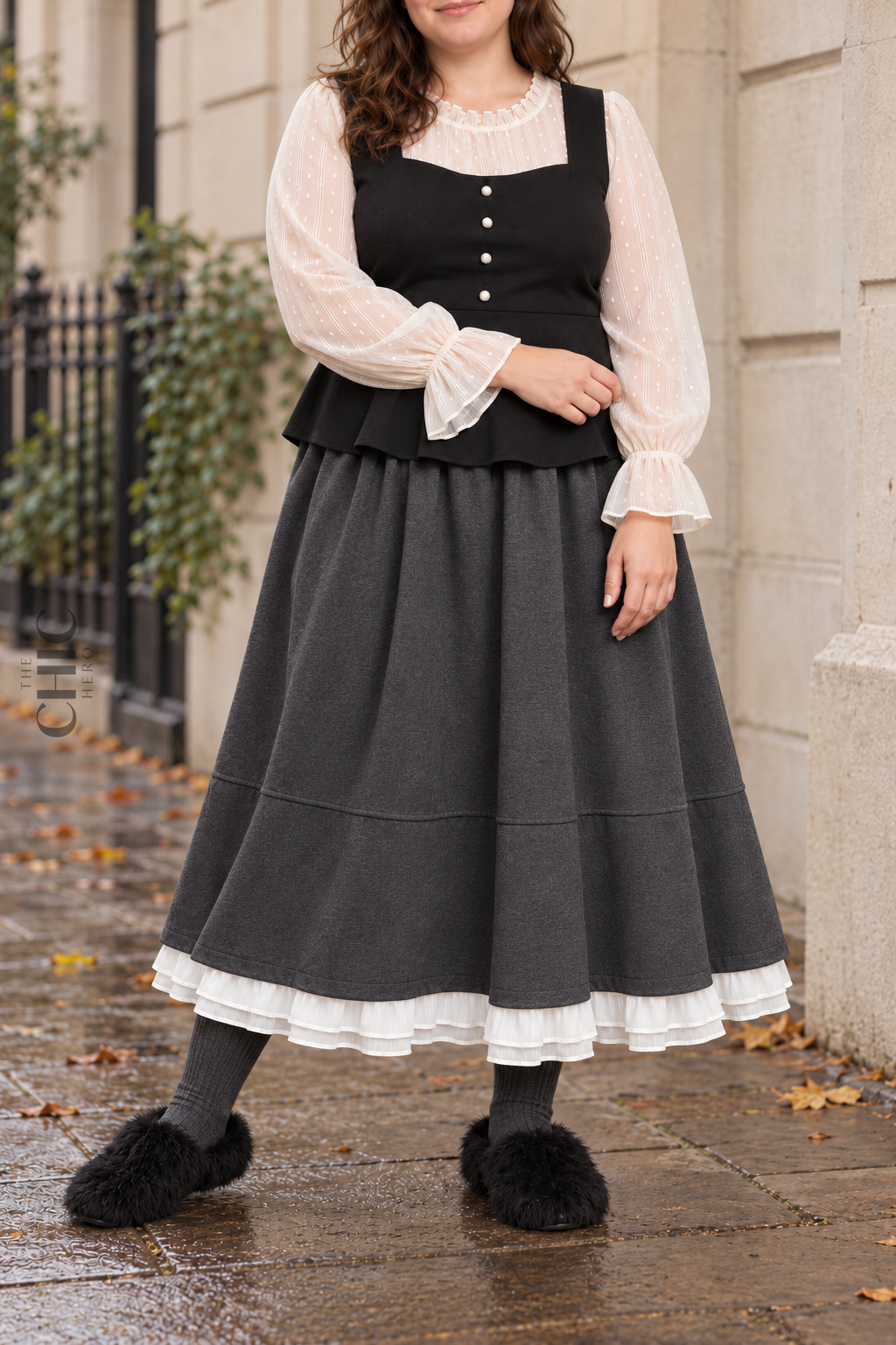 Charcoal Grey plus size winter maxi skirt with an elasticated waist and layered white ruffle hem