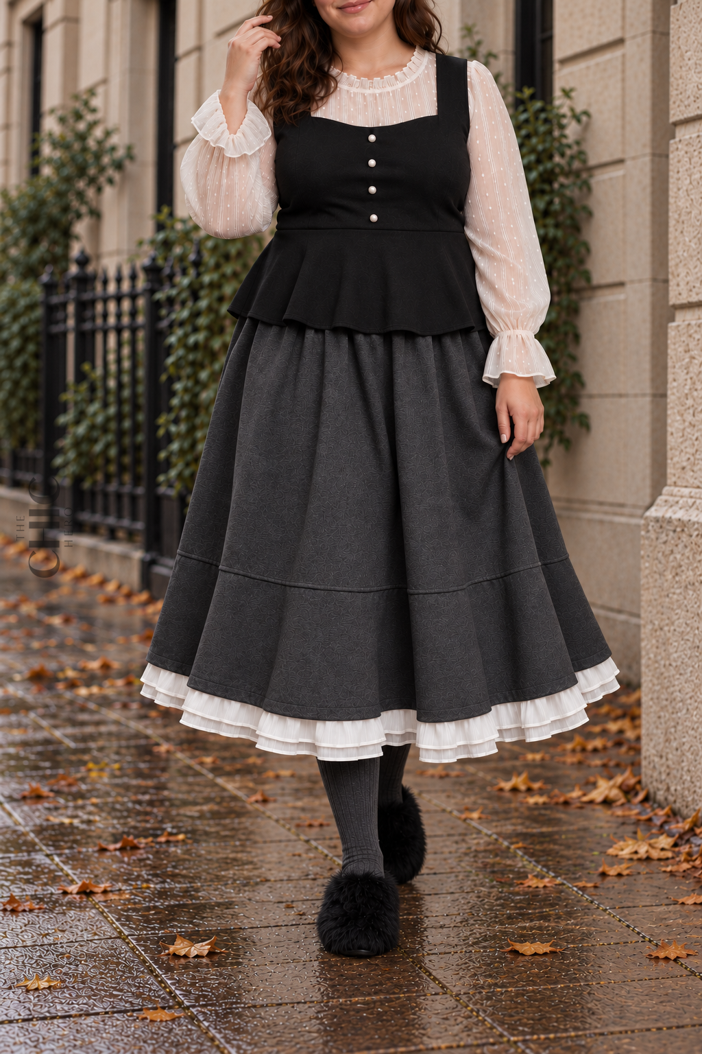 Charcoal Grey long A-line winter skirt styled with grey socks and black fluffy shoes