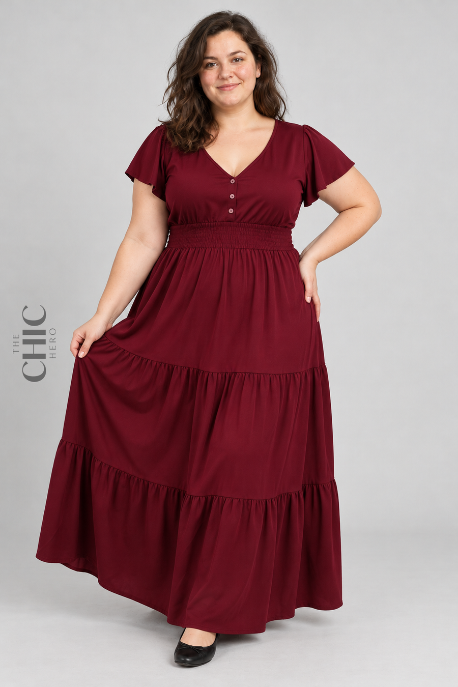 Flutter Sleeve Shirred Waist Maxi Dress
