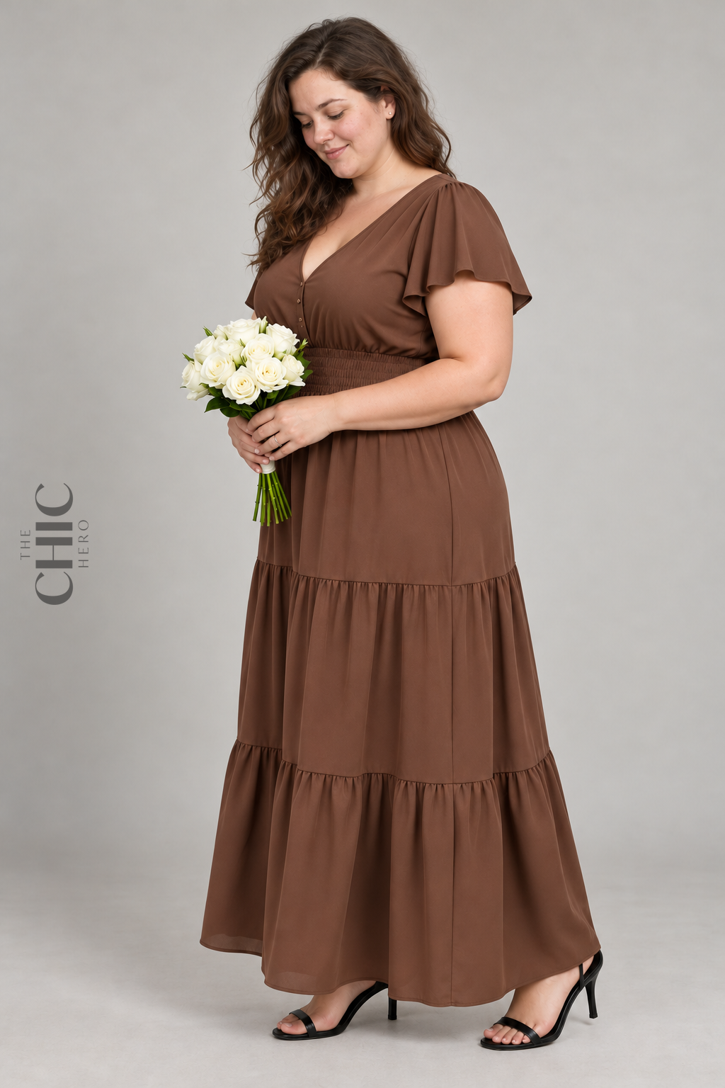 Brown flutter sleeve tiered maxi dress side view