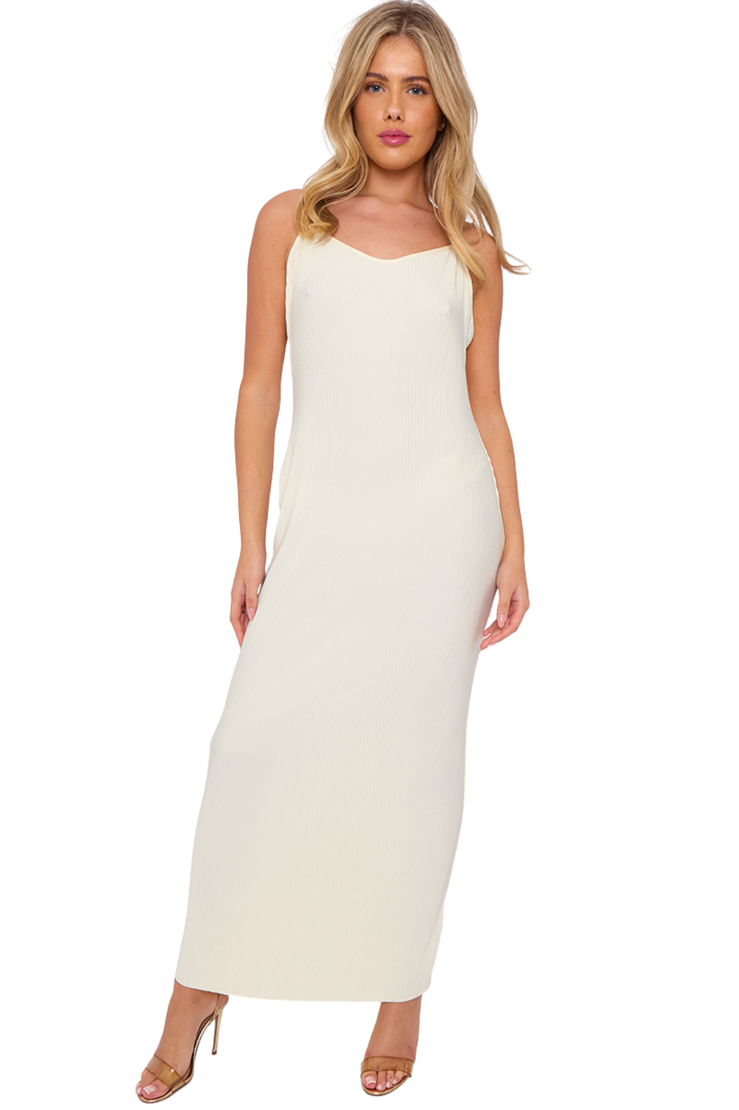 Woman wearing a white sleeveless dress on a white background