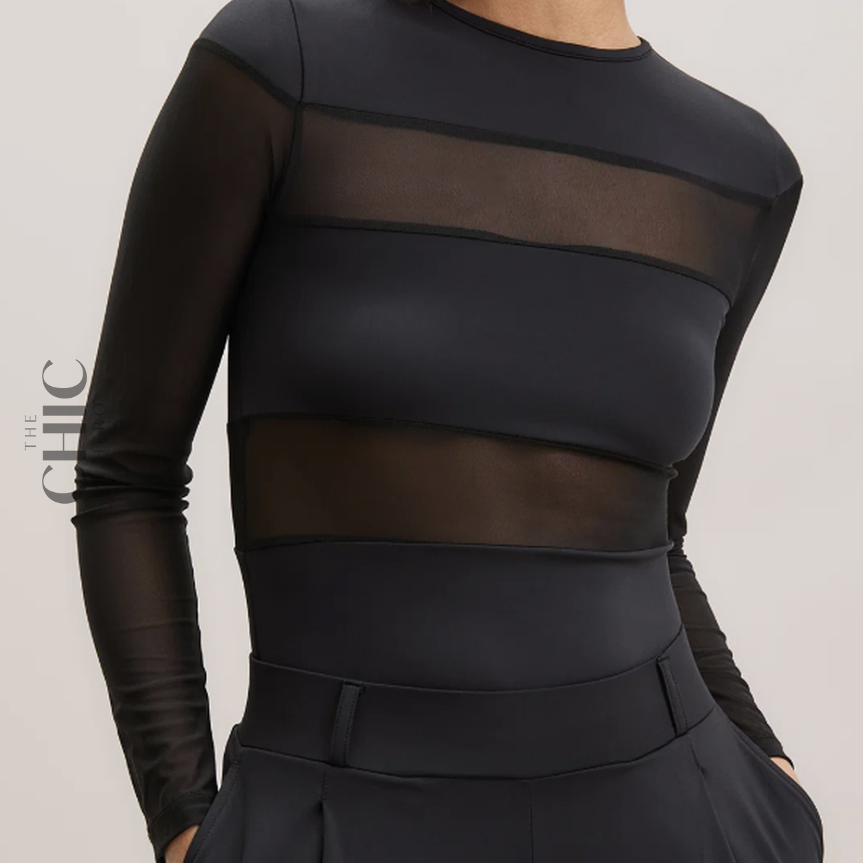 The Chic Hero Black Sheer-Panel Long-Sleeve Top – Veil front product image