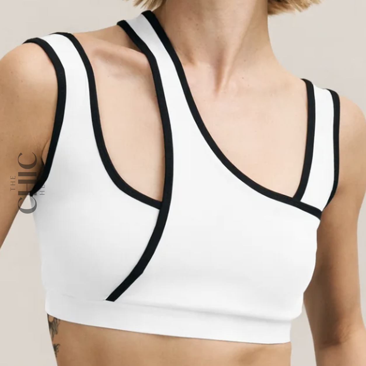 The Chic Hero White Asymmetric Double-Strap Sports Bra – Ryfe front product image