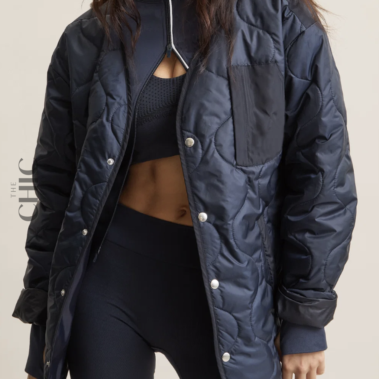 The Chic Hero Navy Longline Quilted Jacket – Wave front product image