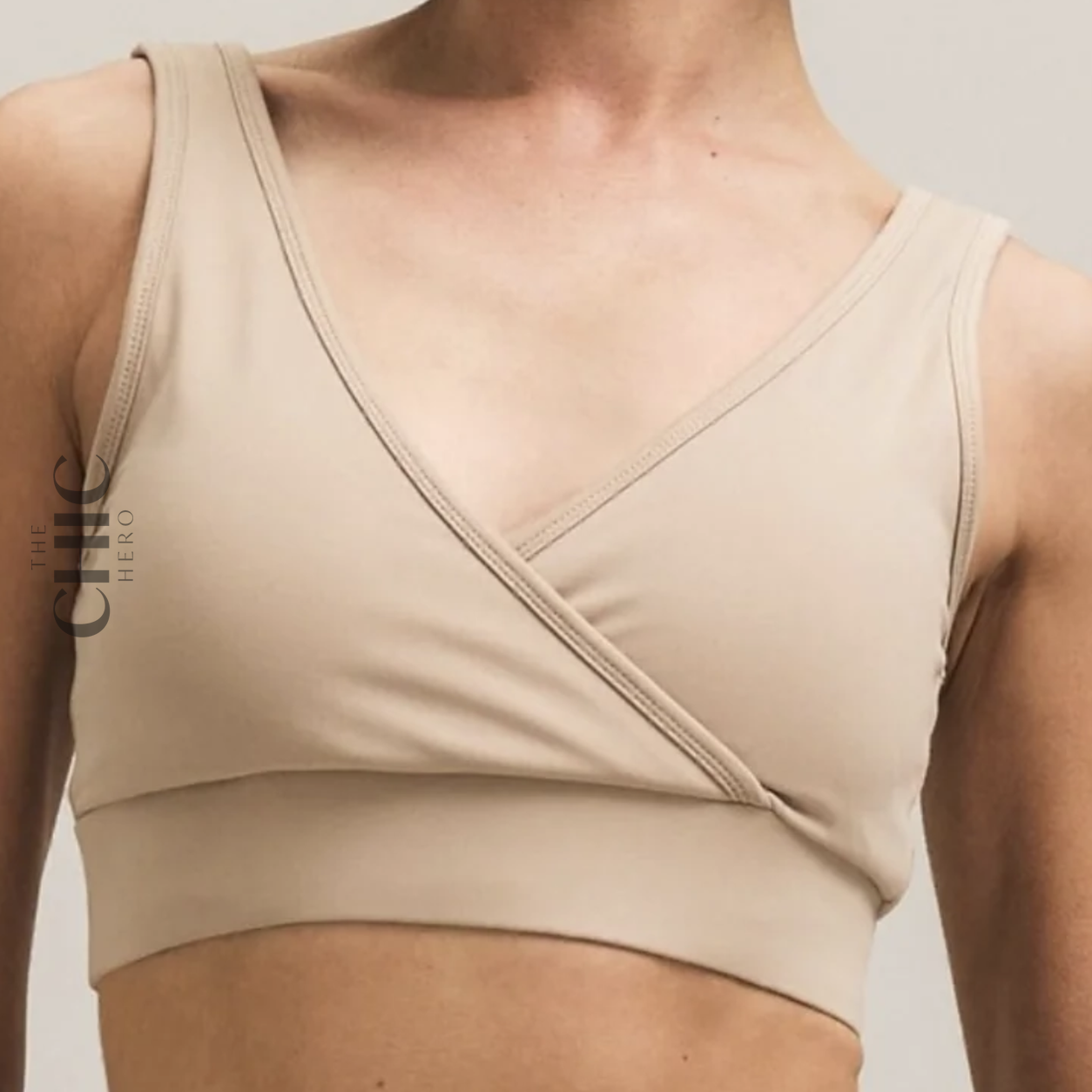 The Chic Hero Beige Wrap-Front Sports Bra – Slip front product image