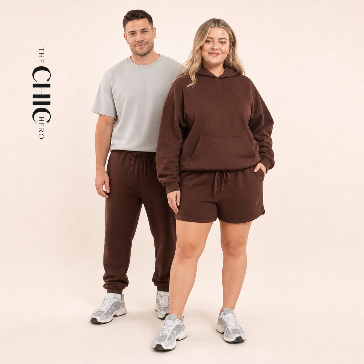 Male and female models wearing the ChicHero brown heavyweight hoodie and joggers