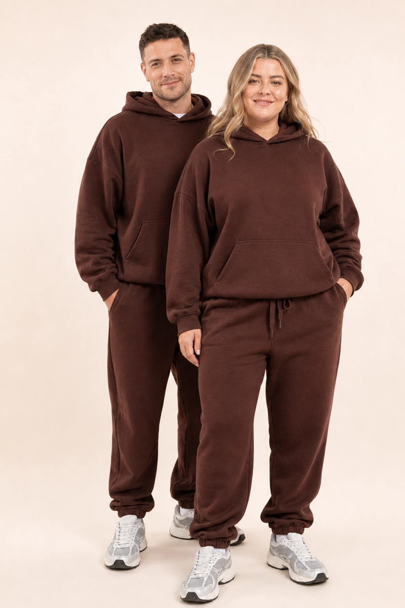 ChicHero brown three-piece hoodie, joggers and shorts set on male and female models