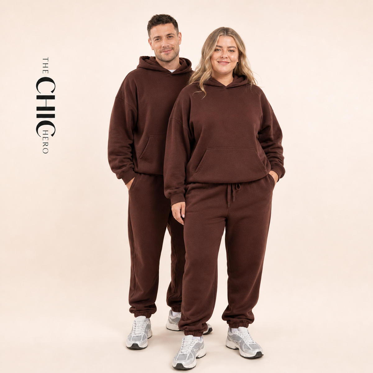 ChicHero brown three-piece hoodie, joggers and shorts set on male and female models
