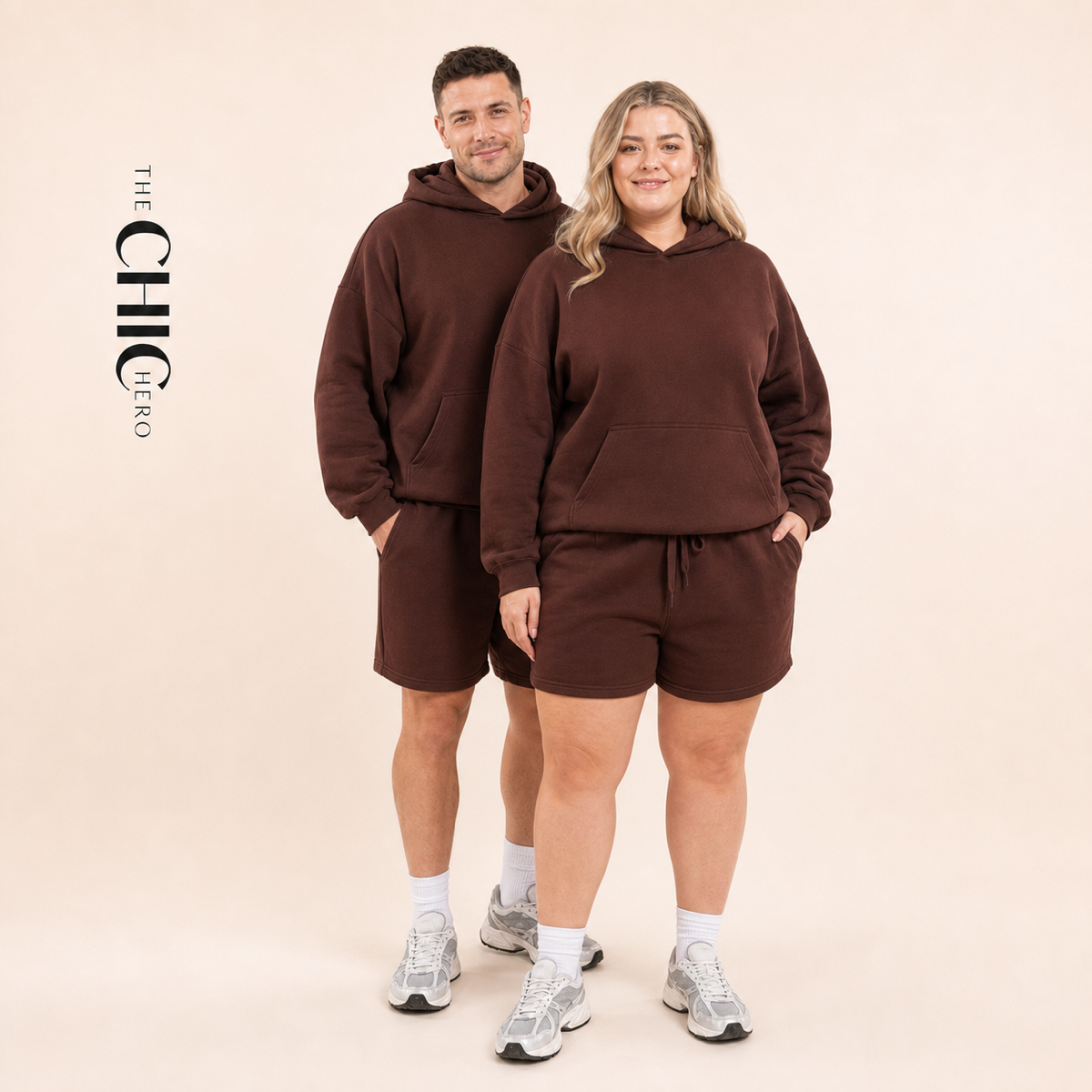 Male and female models wearing the ChicHero brown heavyweight hoodie and shorts