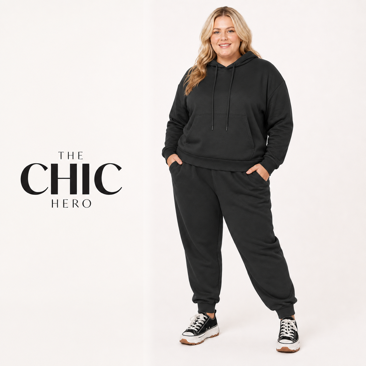 Model wearing the ChicHero pink fleece hoodie and jogger tracksuit
