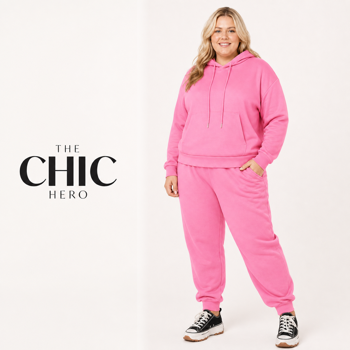 Model wearing the ChicHero pink fleece hoodie and jogger tracksuit