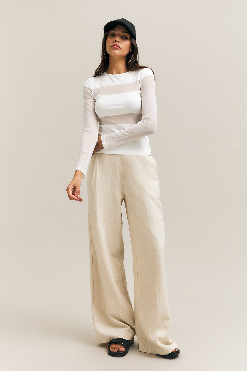 White Sheer-Panel Long-Sleeve Top – Veil – view 05