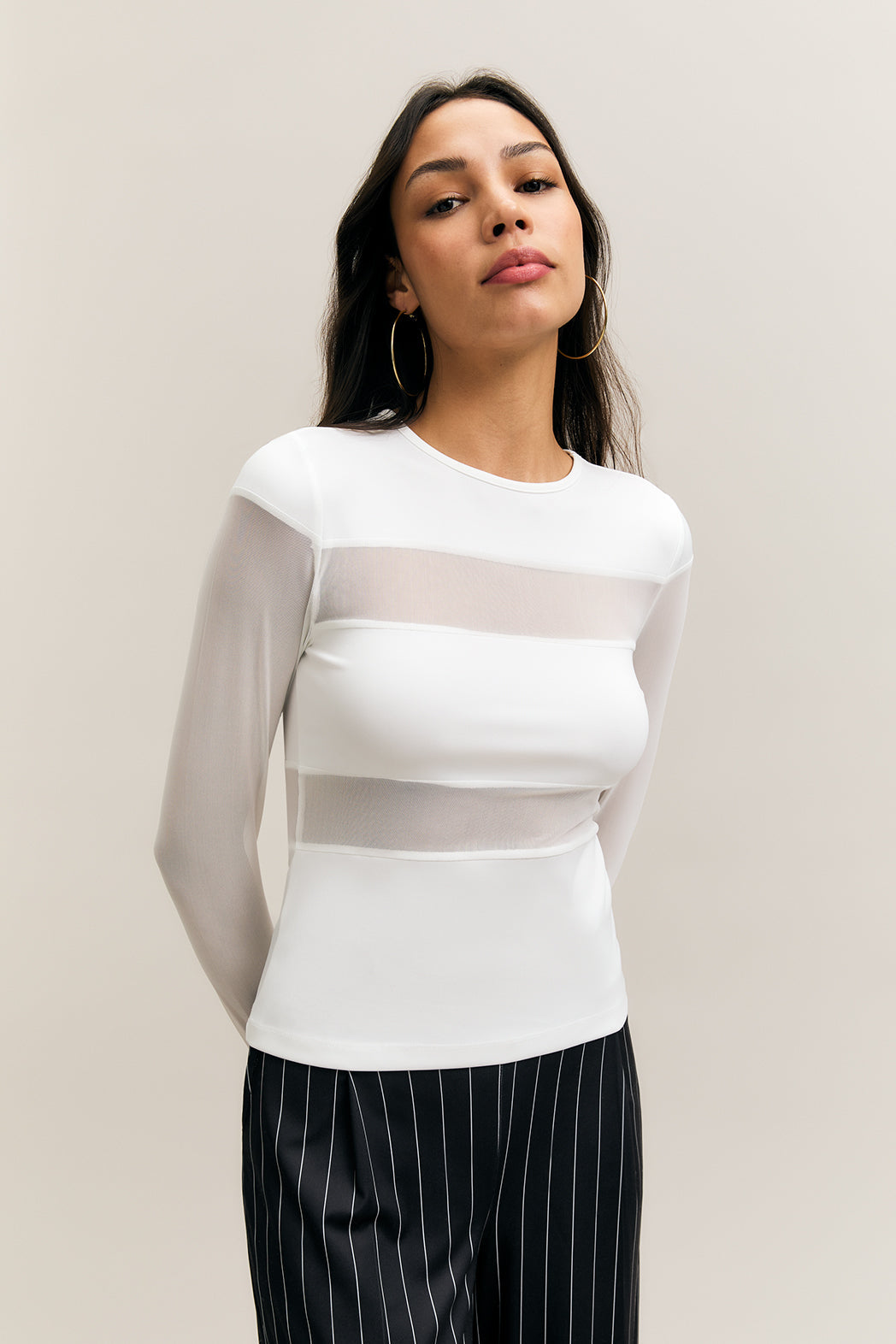 White Sheer-Panel Long-Sleeve Top – Veil – view 03