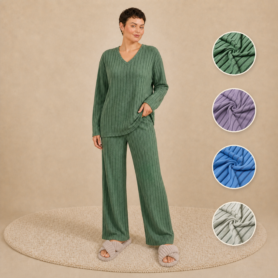 Soft Ribbed V-Neck Loungewear Set – Long Sleeve Top & Wide Leg Trousers with Pockets