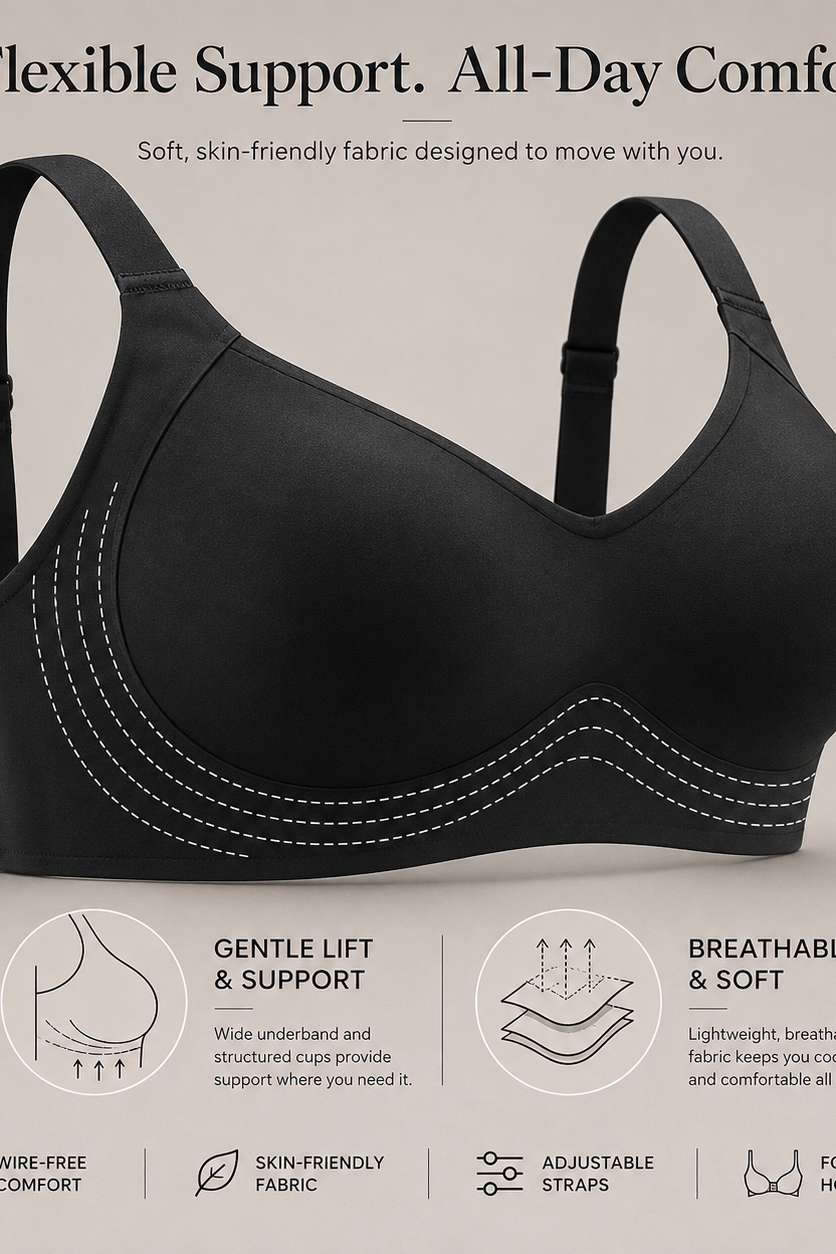 Black wireless bra with white contrast stitching, shown on a light beige background with marketing text and feature icons below.