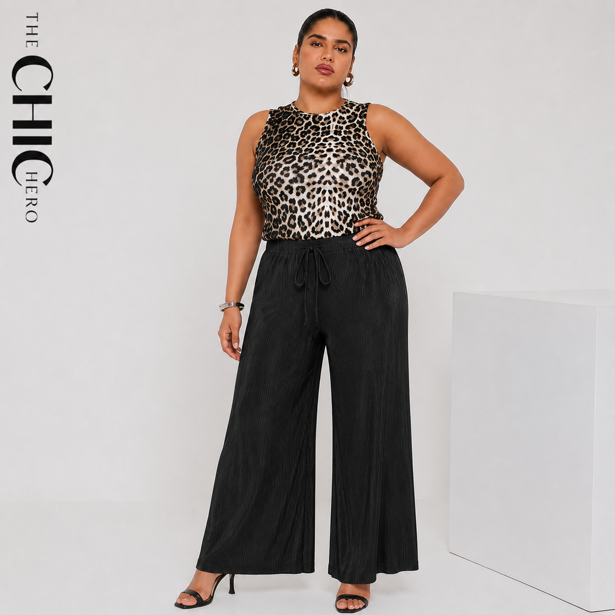 Plus Size Black Pleated Palazzo Pants with Wide Leg and Drawstring Waist