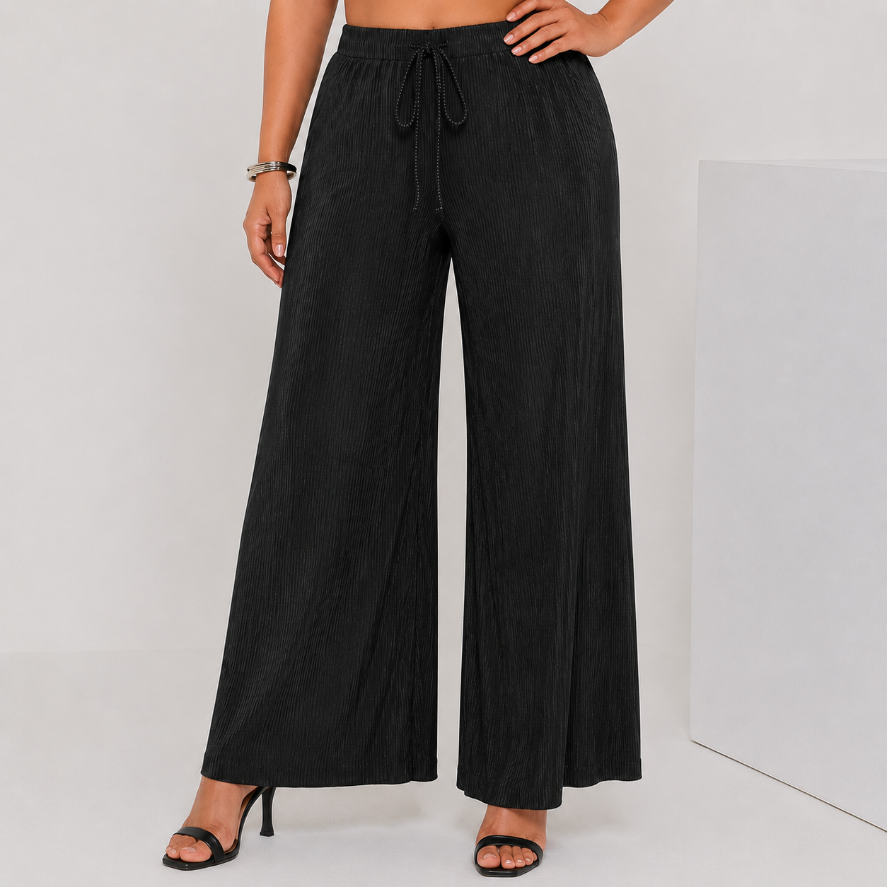 Plus Size Black Pleated Palazzo Pants with Wide Leg and Drawstring Waist