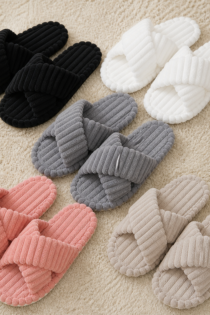 Women's plush cross-band house slippers in beige