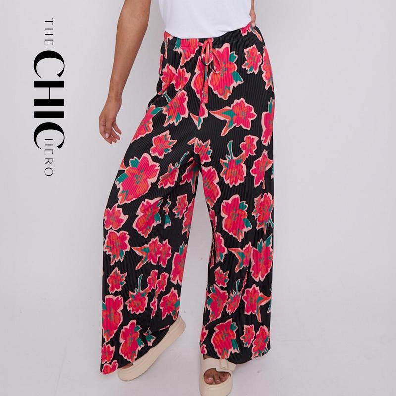 パンツ \"Flower Pattern Wide Trousers\" - BLACK Floral Print Black Wide Leg Pants - Grace and Lace