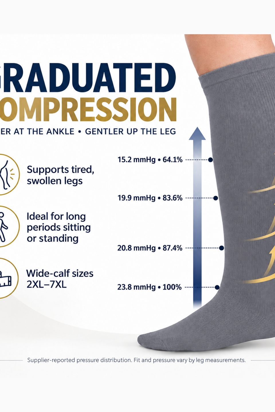 Grey Wide-Calf Graduated Compression Socks 15–24 mmHg – 2XL–7XL – graduated compression