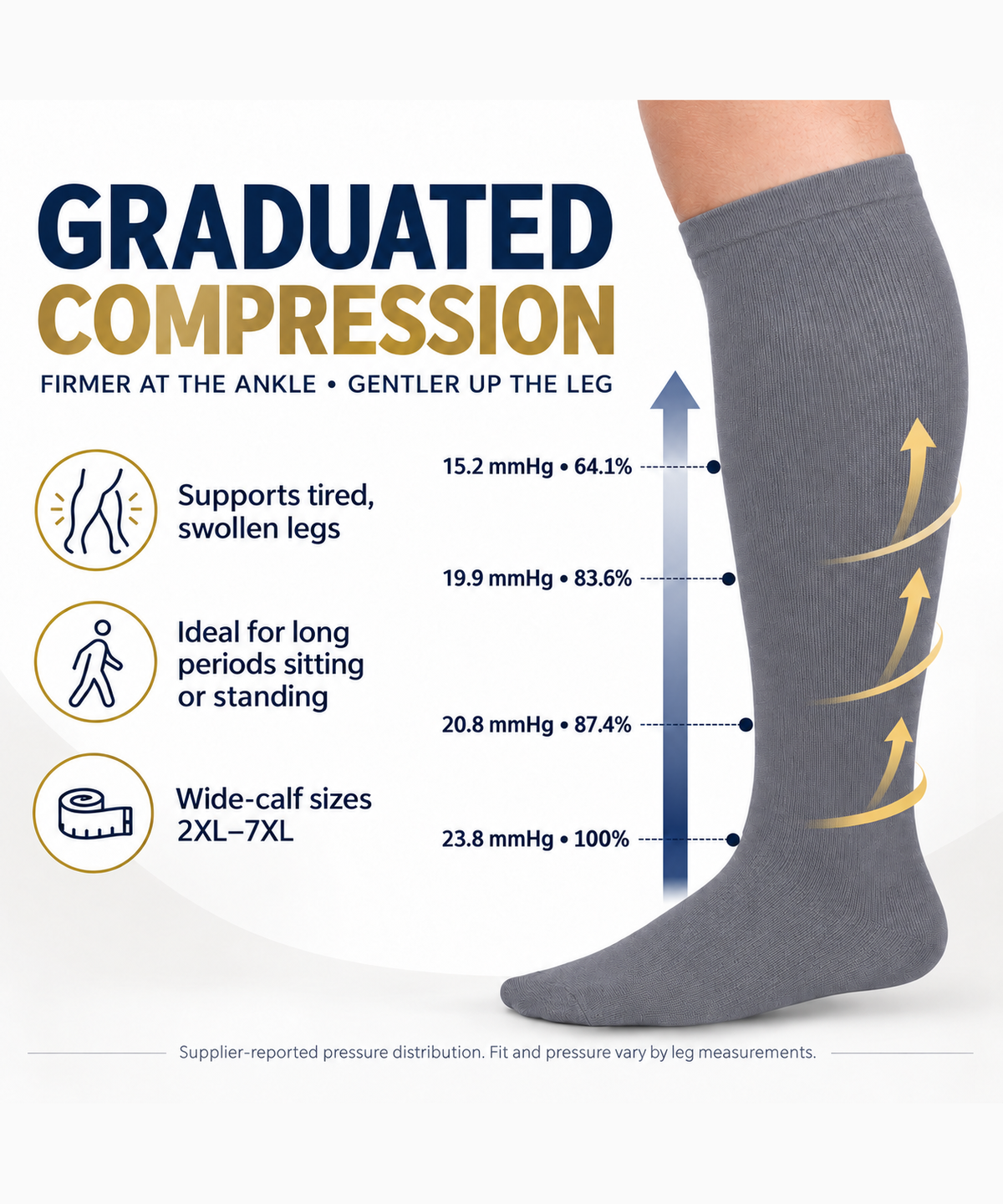 Grey Wide-Calf Graduated Compression Socks 15–24 mmHg – 2XL–7XL – graduated compression