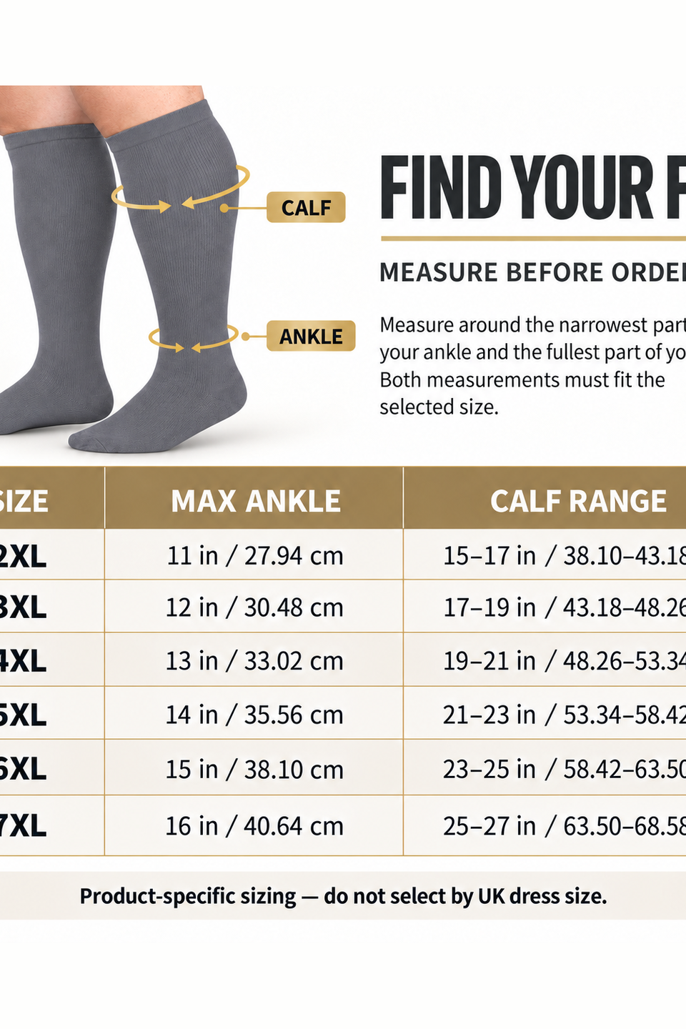 Grey Wide-Calf Graduated Compression Socks 15–24 mmHg – 2XL–7XL – size guide
