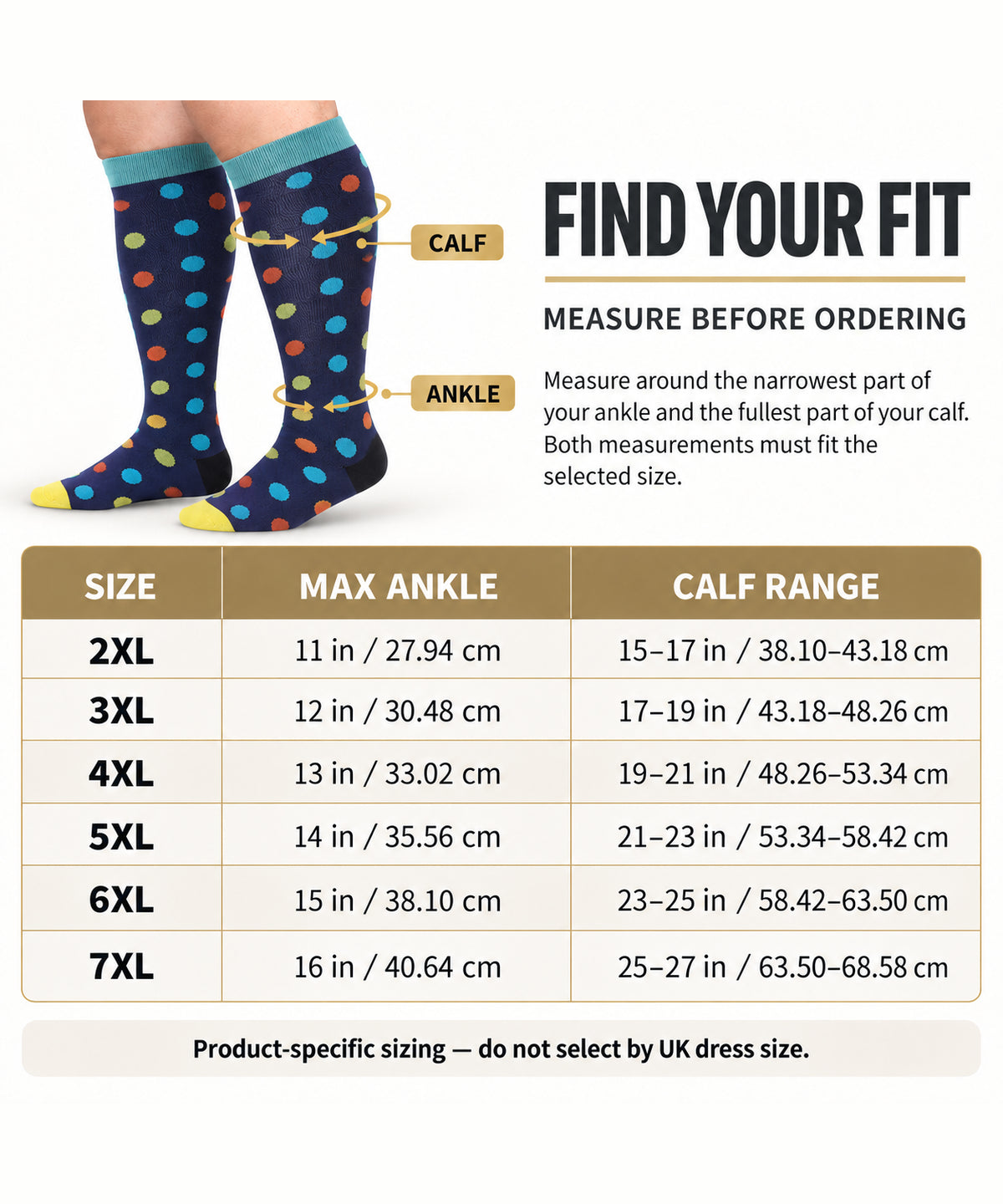 Multicolour Polka Dot Wide-Calf Graduated Compression Socks 15–24 mmHg – 2XL–7XL – size guide