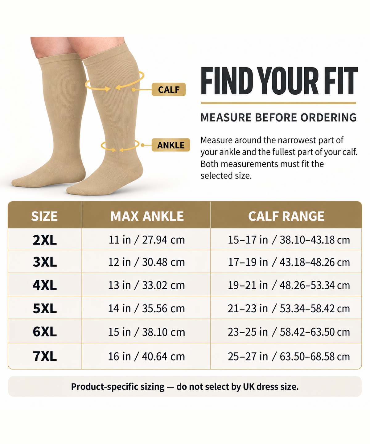 Nude Wide-Calf Graduated Compression Socks 15–24 mmHg – 2XL–7XL – size guide