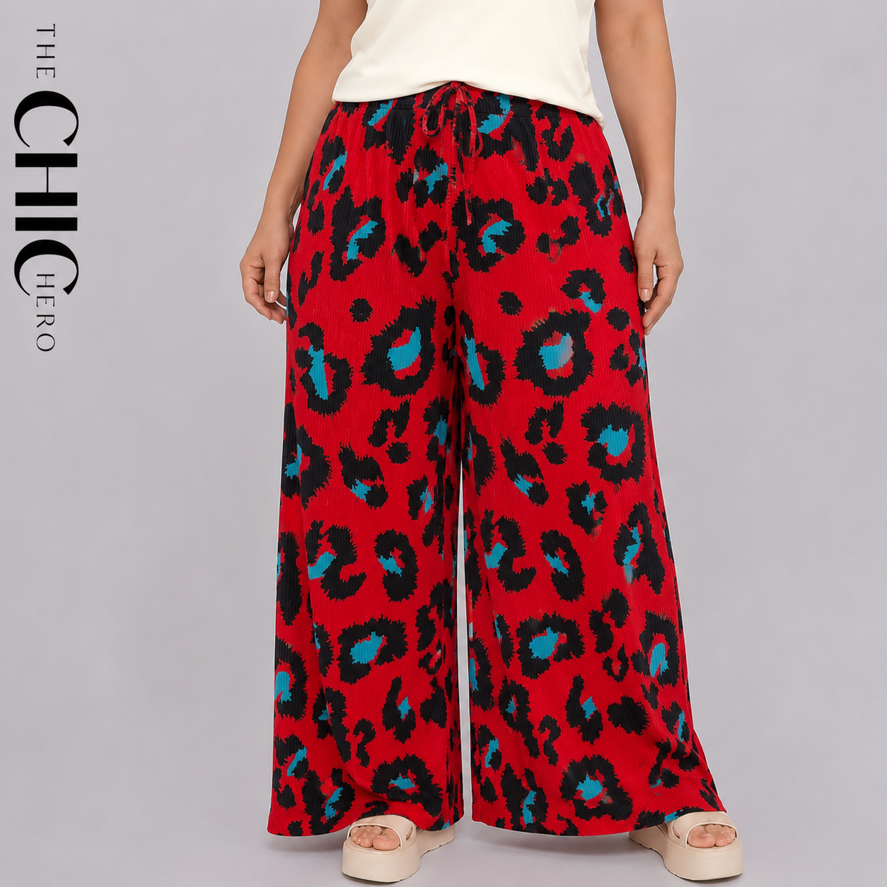 Plus Size Red Leopard Print Pleated Palazzo Pants with Wide Leg and Drawstring Waist