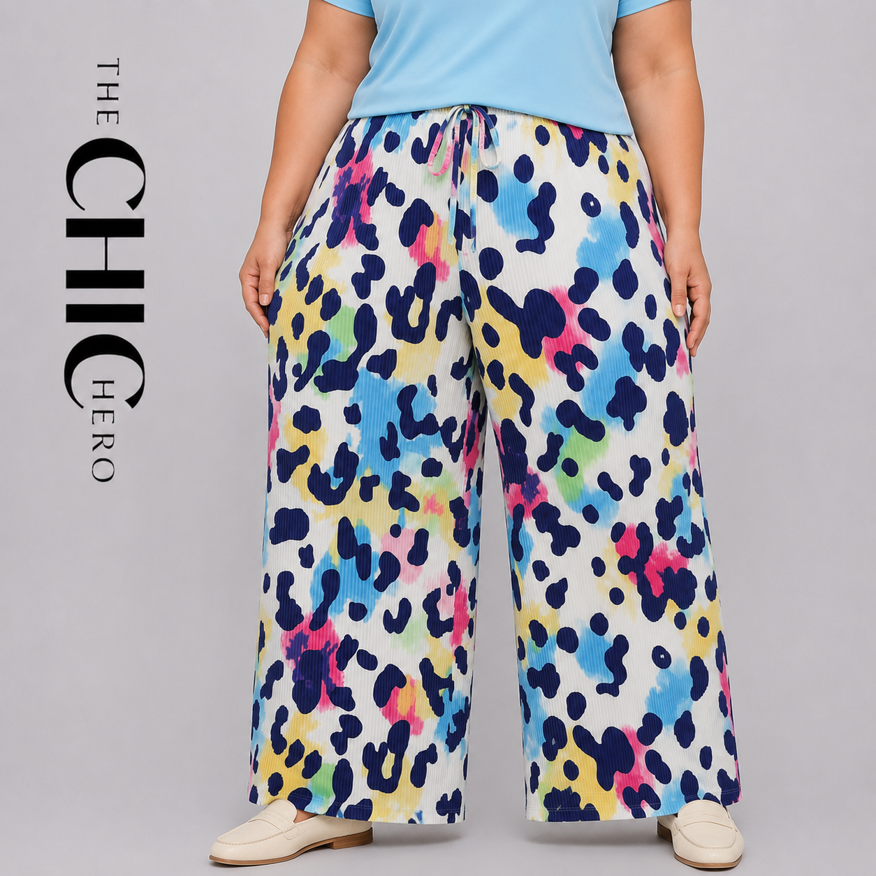 Plus Size Watercolour Leopard Print Pleated Palazzo Pants with Elastic Drawstring Waist and Wide Leg Fit